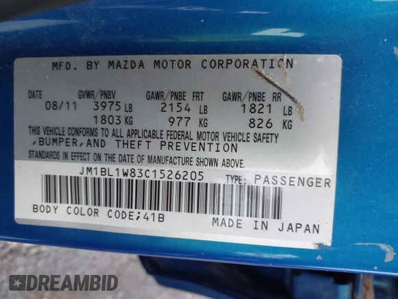 2012 Mazda 3 i Grand Touring with VIN JM1BL1W83C1526205, listed as a IAAI auction lot 41876049 with 148,870 mi miles and . Bid and sale history available at DreamBid. Image 9.