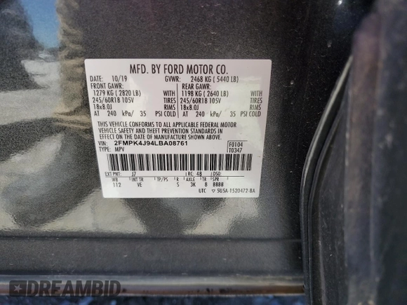 2020 Ford Edge SEL with VIN 2FMPK4J94LBA08761, listed as a Copart auction lot 57787005 with 95,263 mi miles and Salvage title. Bid and sale history available at DreamBid. Image 12.