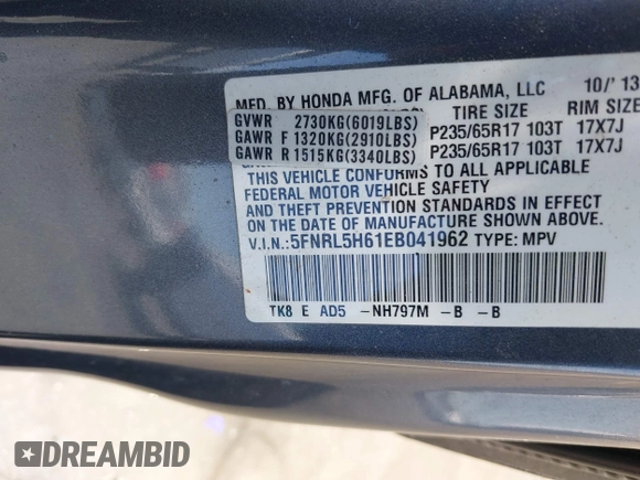 2014 Honda Odyssey EX-L z VIN 5FNRL5H61EB041962, wystawiony jako IAAI lot #42282873 z przebiegiem 134 884 mil mil oraz . Historia ofert i sprzedaży dostępna na DreamBid. Obrazek 9.