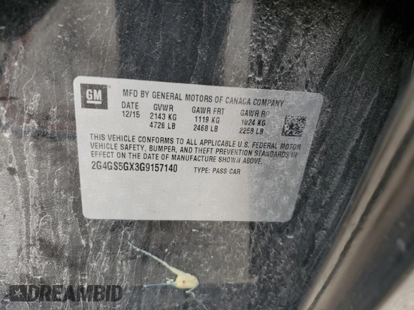 2016 Buick Regal Premium II with VIN 2G4GS5GX3G9157140, listed as a Copart auction lot 60920865 with 69,450 mi miles and Salvage title. Bid and sale history available at DreamBid. Image 12.