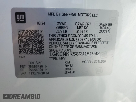 2024 GMC Acadia FWD Elevation z VIN 1GKENKKS8RJ151942, wystawiony jako Copart lot #70185454 z przebiegiem 1043 mil mil oraz Szkoda całkowita • Salvage title. Historia ofert i sprzedaży dostępna na DreamBid. Obrazek 13.
