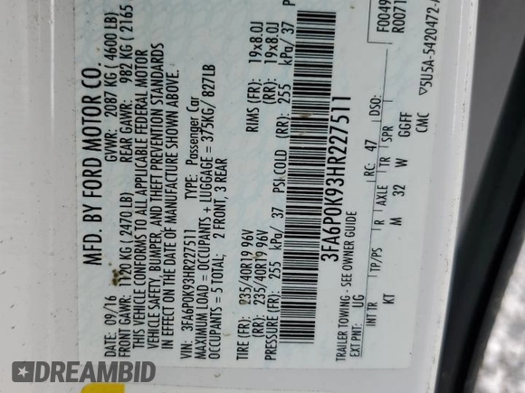 2017 Ford Fusion Titanium z VIN 3FA6P0K93HR227511, wystawiony jako Copart lot #60719505 z przebiegiem Nie podano mil oraz Szkoda całkowita • Salvage title. Historia ofert i sprzedaży dostępna na DreamBid. Obrazek 12.