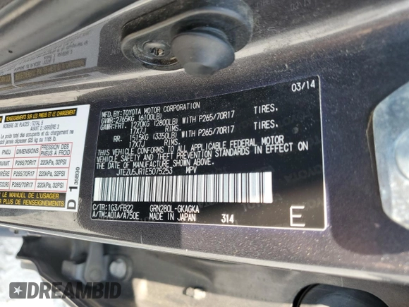2014 Toyota 4Runner SR5 with VIN JTEZU5JR1E5075253, listed as a Copart auction lot 59514905 with 167,351 mi miles and Salvage title. Bid and sale history available at DreamBid. Image 13.