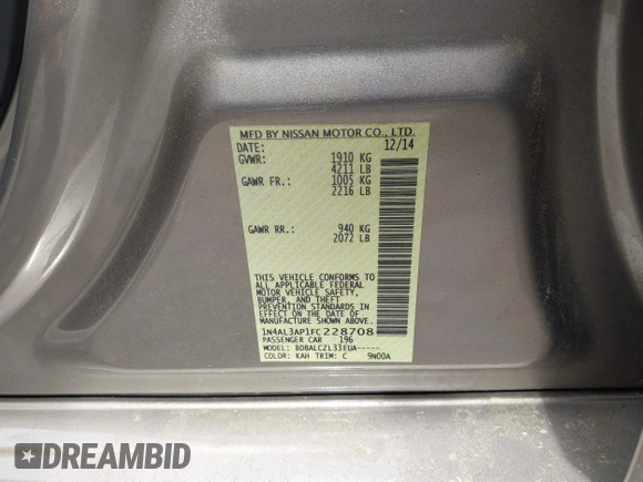 2015 Nissan Altima 2.5 S with VIN 1N4AL3AP1FC228708, listed as a IAAI auction lot 42097858 with 192,802 mi miles. Bid and sale history available at carsss.com. Image 9.
