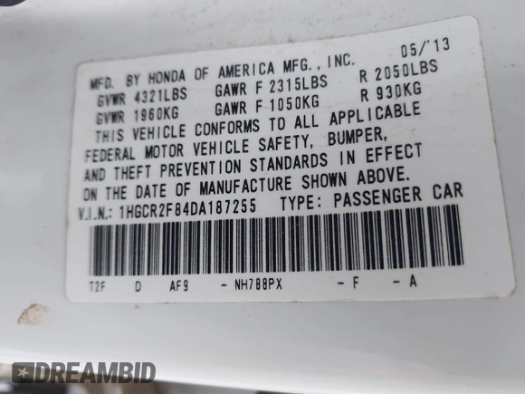 2013 Honda Accord EX-L with VIN 1HGCR2F84DA187255, listed as a IAAI auction lot 42007494 with 149,213 mi miles and . Bid and sale history available at DreamBid. Image 9.