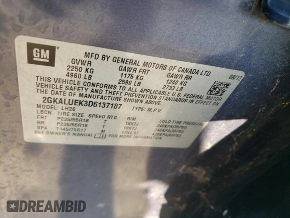 2013 GMC Terrain SLT with VIN 2GKALUEK3D6137187, listed as a Copart auction lot 63217345 with 62,141 mi miles and Salvage title. Bid and sale history available at DreamBid. Image 12.