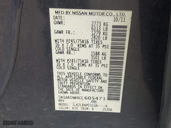 2012 Nissan Pathfinder S with VIN 5N1AR1NB4CC605471, listed as a IAAI auction lot 42034358 with 201,180 mi miles. Bid and sale history available at carsss.com. Image 9.