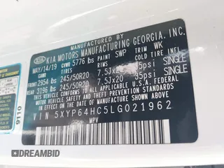 2020 Kia Telluride S with VIN 5XYP64HC5LG021962, listed as a IAAI auction lot 41780255 with 86,763 mi miles and . Bid and sale history available at DreamBid. Image 9.