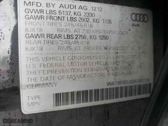 2013 Audi allroad Premium with VIN WA19FAFL6DA183136, listed as a Copart auction lot 64840834 with 126,106 mi miles and Salvage Title. Bid and sale history available at carsss.com. Image 12.