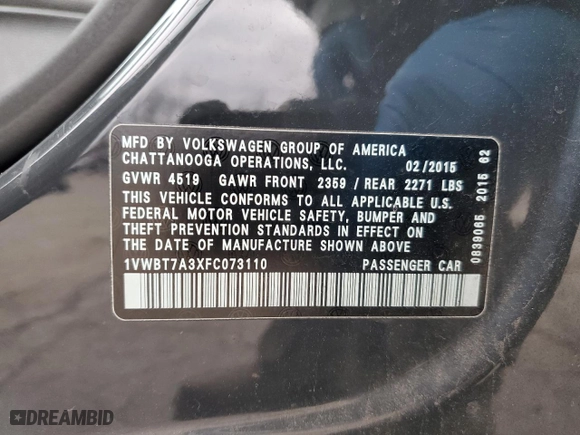 2015 Volkswagen Passat 1.8T Sport with VIN 1VWBT7A3XFC073110, listed as a Copart auction lot 41399305 with 123,086 mi miles and Salvage Title. Bid and sale history available at carsss.com. Image 14.