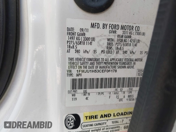 2012 Ford Expedition XLT with VIN 1FMJU1H53CEF06178, listed as a IAAI auction lot 42319355 with 224,676 mi miles and . Bid and sale history available at DreamBid. Image 9.
