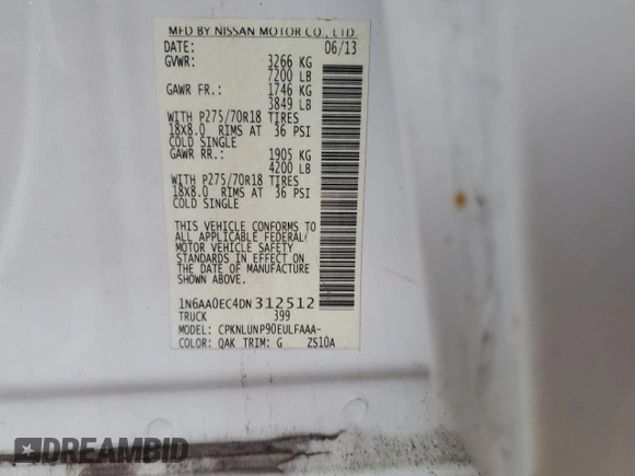 2013 Nissan Titan SV with VIN 1N6AA0EC4DN312512, listed as a Copart auction lot 83015714 with 183,015 mi miles and Salvage title. Bid and sale history available at DreamBid. Image 12.