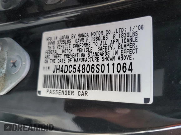 2006 Acura RSX with VIN JH4DC54806S011064, listed as a Copart auction lot 60240144 with 245,119 mi miles and Clean Title. Bid and sale history available at carsss.com. Image 12.