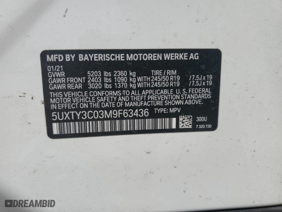 2021 BMW X3 sDrive30i with VIN 5UXTY3C03M9F63436, listed as a Copart auction lot 45341545 with 0 mi miles and Salvage Title. Bid and sale history available at carsss.com. Image 15.