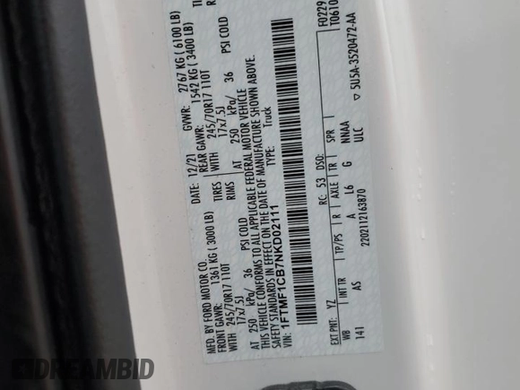 2022 Ford F-150 XL with VIN 1FTMF1CB7NKD02111, listed as a Copart auction lot 43138735 with 58,841 mi miles and Salvage Title. Bid and sale history available at carsss.com. Image 12.