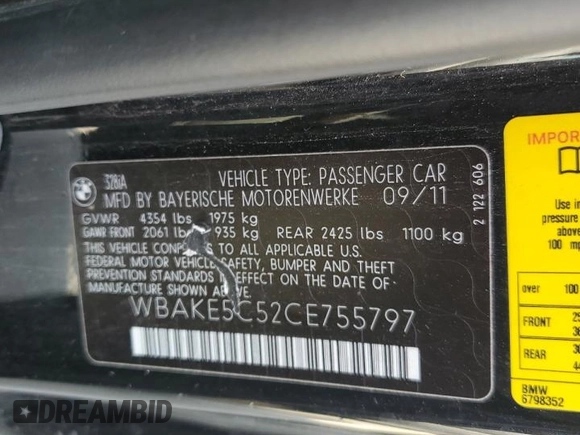 2012 BMW 3 Series 328i with VIN WBAKE5C52CE755797, listed as a Copart auction lot 55706615 with 165,039 mi miles and Clean Title. Bid and sale history available at carsss.com. Image 12.