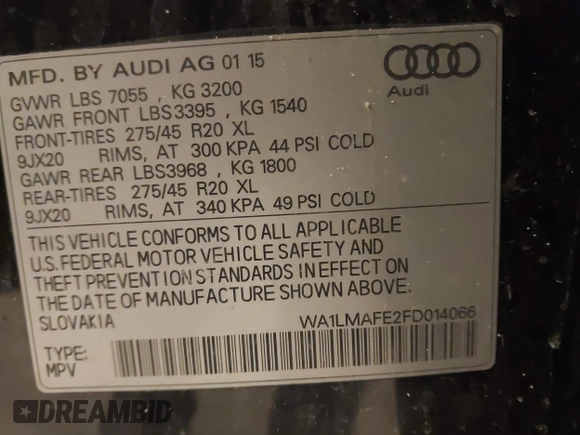2015 Audi Q7 Premium Plus with VIN WA1LMAFE2FD014066, listed as a IAAI auction lot 41967896 with 194,202 mi miles and . Bid and sale history available at DreamBid. Image 9.