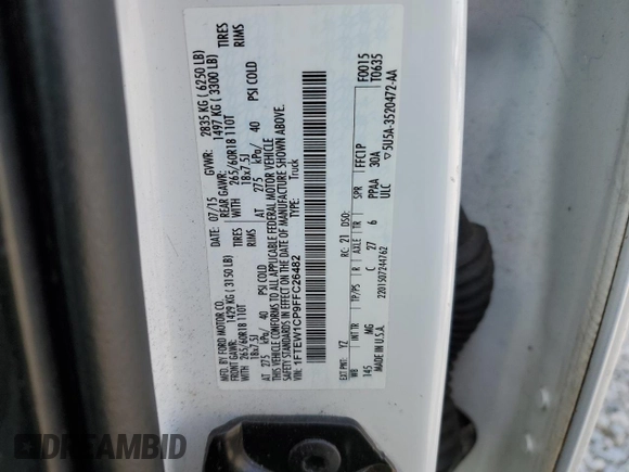 2015 Ford F-150 XL with VIN 1FTEW1CP9FFC26482, listed as a Copart auction lot 46289185 with 184,643 mi miles and Salvage Title. Bid and sale history available at carsss.com. Image 12.