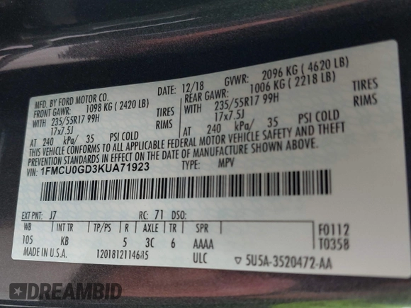 2019 Ford Escape SE with VIN 1FMCU0GD3KUA71923, listed as a IAAI auction lot 41801956 with 25,602 mi miles. Bid and sale history available at carsss.com. Image 9.