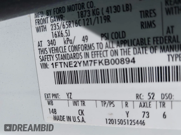 2015 Ford Transit with VIN 1FTNE2YM7FKB00894, listed as a IAAI auction lot 42088996 with 199,321 mi miles and . Bid and sale history available at DreamBid. Image 9.