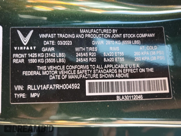 2024 VinFast VF 8 Plus с VIN RLLV1AFA7RH004592, выставлен на аукционе Copart как лот 73484704 с пробегом 3 158 миль миль и Списание • Salvage title. История ставок и продаж доступна на DreamBid. Изображение 13.