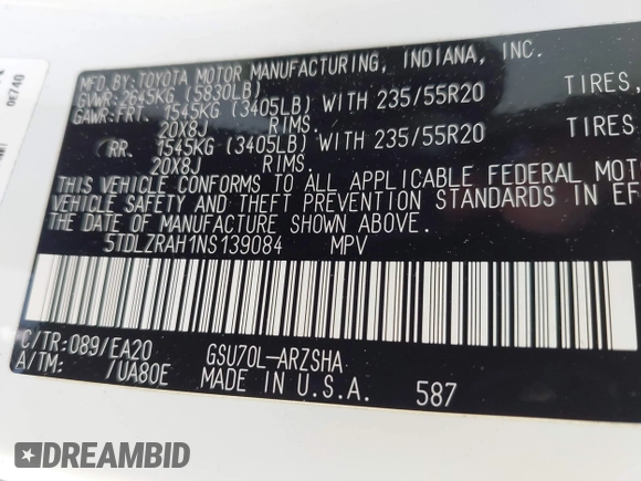 2022 Toyota Highlander XSE с VIN 5TDLZRAH1NS139084, выставлен на аукционе IAAI как лот 42497137 с пробегом 57 074 миль миль и . История ставок и продаж доступна на DreamBid. Изображение 9.