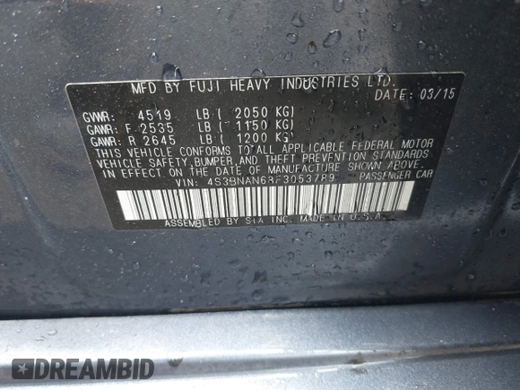 2015 Subaru Legacy Limited с VIN 4S3BNAN68F3053789, выставлен на аукционе IAAI как лот 42641017 с пробегом 88 234 миль миль и . История ставок и продаж доступна на DreamBid. Изображение 9.