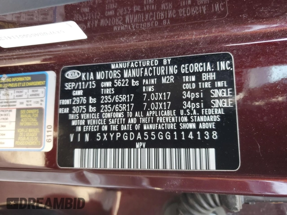 2016 Kia Sorento LX z VIN 5XYPGDA55GG114138, wystawiony jako Copart lot #45739435 z przebiegiem 100 010 mil mil oraz Szkoda całkowita • Salvage title. Historia ofert i sprzedaży dostępna na DreamBid. Obrazek 13.