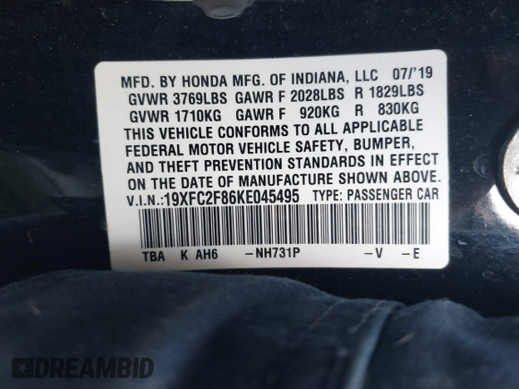 2019 Honda Civic Sport with VIN 19XFC2F86KE045495, listed as a IAAI auction lot 42074631 with 52,864 mi miles and . Bid and sale history available at DreamBid. Image 9.