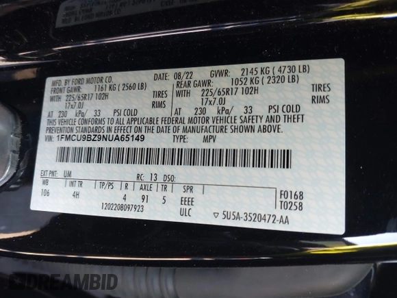 2022 Ford Escape SE Hybrid with VIN 1FMCU9BZ9NUA65149, listed as a IAAI auction lot 41454013 with Not Provided miles and . Bid and sale history available at carsss.com. Image 9.
