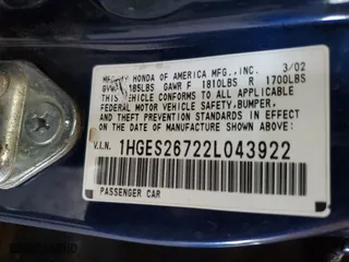 2002 Honda Civic EX with VIN 1HGES26722L043922, listed as a Copart auction lot 44972435 with 489,069 mi miles and Salvage Title. Bid and sale history available at carsss.com. Image 12.
