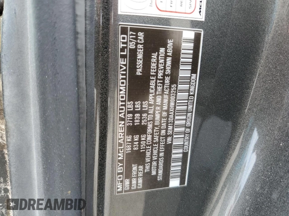 2017 McLaren 570S z VIN SBM13DAAXHW003255, wystawiony jako Copart lot #76261244 z przebiegiem Nie podano mil oraz Szkody całkowita. Historia ofert i sprzedaży dostępna na DreamBid. Obrazek 13.