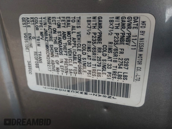 2012 Nissan Murano S with VIN JN8AZ1MWXCW209217, listed as a IAAI auction lot 42257746 with 125,637 mi miles and . Bid and sale history available at DreamBid. Image 9.
