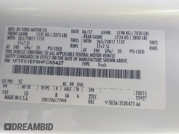 2017 Ford F-150 XL with VIN 1FTFX1EF9HFC85427, listed as a IAAI auction lot 41595903 with 176,235 mi miles. Bid and sale history available at carsss.com. Image 9.