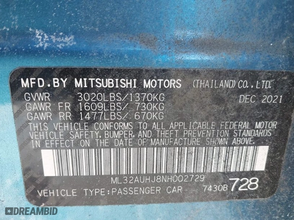 2022 Mitsubishi Mirage ES with VIN ML32AUHJ8NH002729, listed as a IAAI auction lot 41386844 with 27365 miles. Bid and sale history available at carsss.com. Image 9.