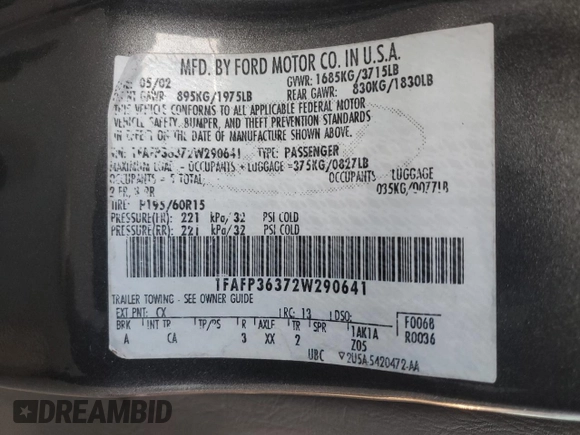 2002 Ford Focus SE Fleet с VIN 1FAFP36372W290641, выставлен на аукционе Copart как лот 43231435 с пробегом 212 234 миль миль и Списание • Salvage title. История ставок и продаж доступна на DreamBid. Изображение 12.