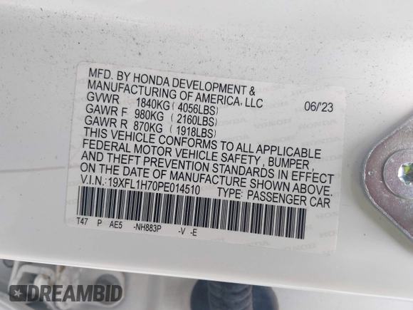 2023 Honda Civic EX-L with VIN 19XFL1H70PE014510, listed as a IAAI auction lot 42395890 with 14,163 mi miles and . Bid and sale history available at DreamBid. Image 9.