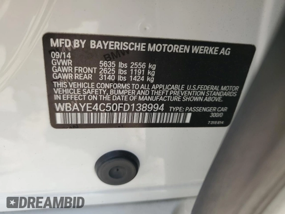 2015 BMW 7 Series 740Li with VIN WBAYE4C50FD138994, listed as a Copart auction lot 73342663 with 102,711 mi miles and . Bid and sale history available at DreamBid. Image 12.