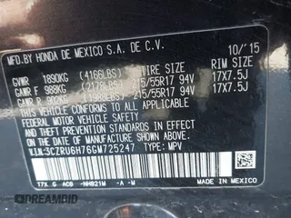 2016 Honda HR-V EX-L w/Navi with VIN 3CZRU6H76GM725247, listed as a IAAI auction lot 41322622 with 69,689 mi miles. Bid and sale history available at carsss.com. Image 9.