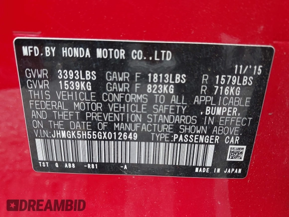 2016 Honda Fit LX with VIN JHMGK5H55GX012649, listed as a IAAI auction lot 42657017 with 82,043 mi miles and . Bid and sale history available at DreamBid. Image 9.