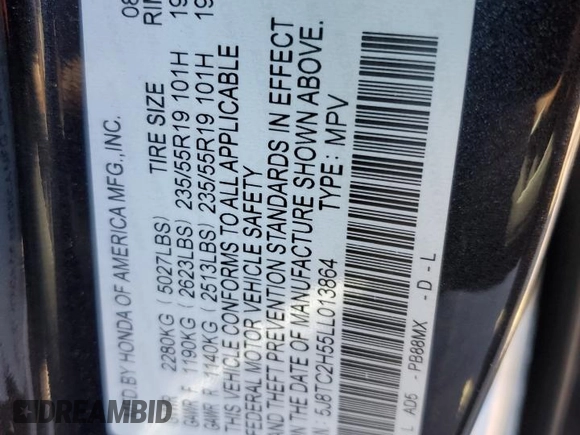 2020 Acura RDX w/Technology Pkg with VIN 5J8TC2H55LL013864, listed as a Copart auction lot 42448774 with 37,086 mi miles. Bid and sale history available at carsss.com. Image 12.