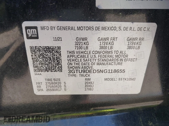 2022 GMC Sierra 1500 SLT with VIN 3GTU9DED5NG118655, listed as a IAAI auction lot 42183803 with 92,881 mi miles and . Bid and sale history available at DreamBid. Image 9.