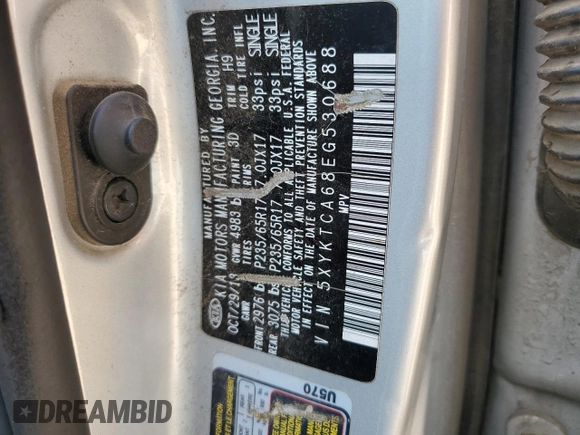 2014 Kia Sorento LX with VIN 5XYKTCA68EG530688, listed as a Copart auction lot 48933885 with 0 mi miles and Salvage Title. Bid and sale history available at carsss.com. Image 14.