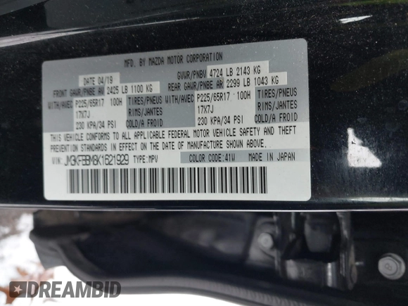 2019 Mazda CX-5 Sport with VIN JM3KFBBM8K1621929, listed as a IAAI auction lot 41356228 with 67,023 mi miles and . Bid and sale history available at DreamBid. Image 9.