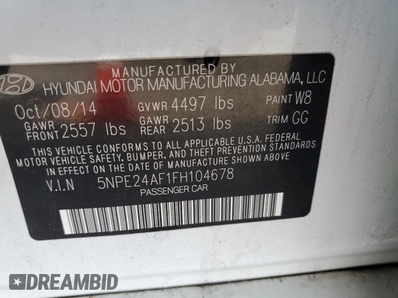2015 Hyundai Sonata SE with VIN 5NPE24AF1FH104678, listed as a Copart auction lot 55205445 with 137,522 mi miles and Salvage Title. Bid and sale history available at DreamBid. Image 13.