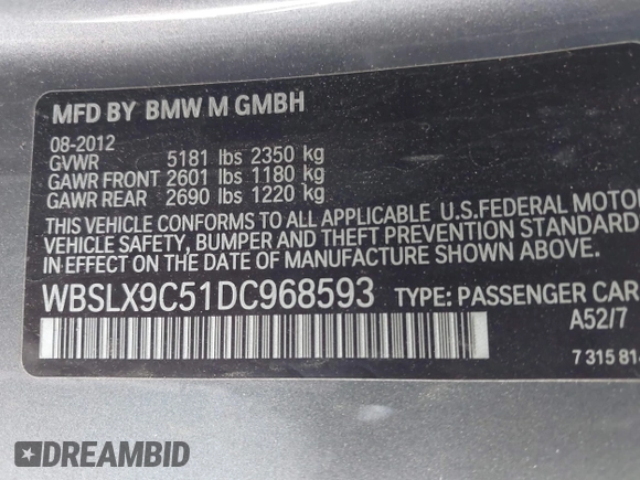 2013 BMW M6 with VIN WBSLX9C51DC968593, listed as a IAAI auction lot 42465979 with 88,010 mi miles and . Bid and sale history available at DreamBid. Image 9.
