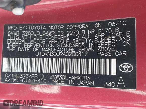 2010 Toyota Prius II with VIN JTDKN3DU9A0200417, listed as a IAAI auction lot 42250790 with 147,470 mi miles and . Bid and sale history available at DreamBid. Image 9.