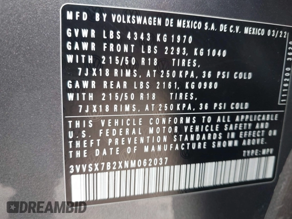 2022 Volkswagen Taos SE z VIN 3VVSX7B2XNM062037, wystawiony jako IAAI lot #42051064 z przebiegiem 30 149 mil mil oraz . Historia ofert i sprzedaży dostępna na DreamBid. Obrazek 9.