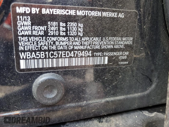 2014 BMW 5 Series 535i with VIN WBA5B1C57ED479494, listed as a Copart auction lot 51990735 with 86,978 mi miles and Salvage Title. Bid and sale history available at DreamBid. Image 13.