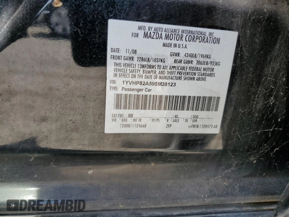 2009 Mazda 6 i Touring with VIN 1YVHP82A595M38123, listed as a Copart auction lot 42353325 with Not Provided miles and Clean Title. Bid and sale history available at carsss.com. Image 12.